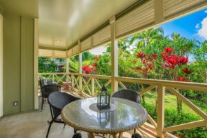 The balcony of a Kauai rental to enjoy takeout from restaurants in Hanalei on.
